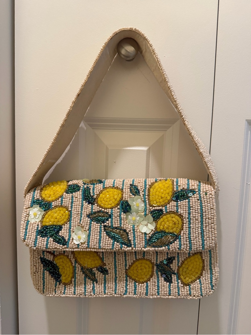 Beaded Lemon Pattern Shoulder Bag - Cream & Yellow